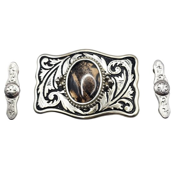 Western Belt Buckle Dendritic Agate Cabochon Silvertone Engraved Side Pieces - Picture 5 of 12